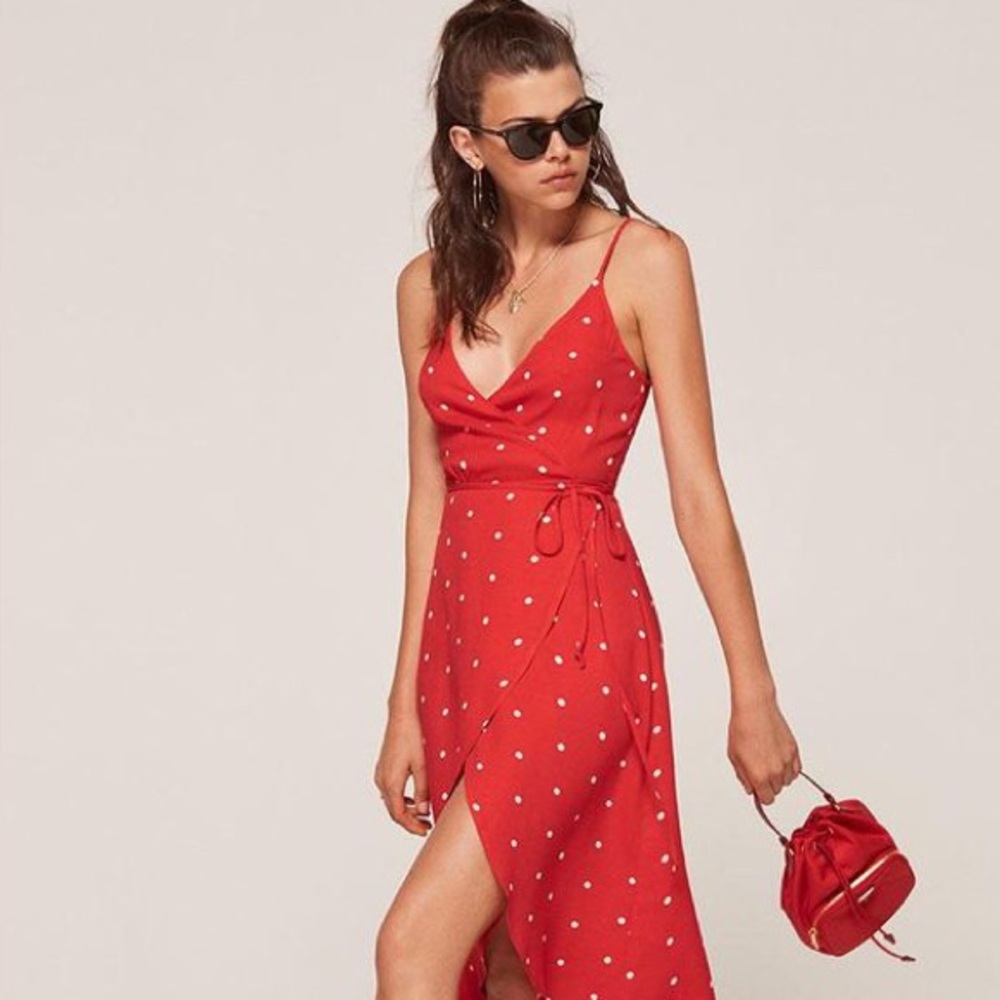 {reformation} red polkadot tie dress